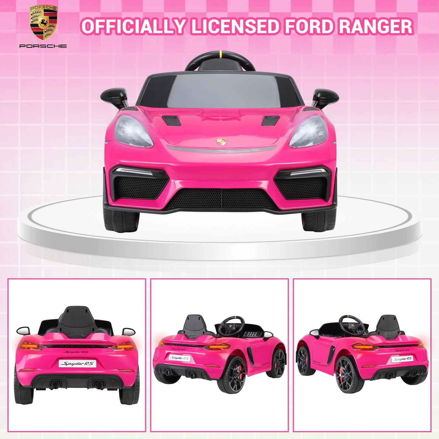 12V Kids Ride on Toys with Remote Control, Porsche Sports Ride on cars W/4 Wheels Suspension, Bluetooth, Music Player, LED Lights, Trailer Wheels, Soft Start,12V Electric Car for Girls Boys, Pink