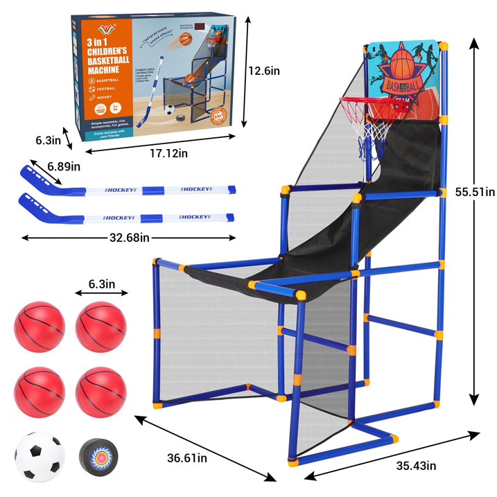 3 in-1 Kids Arcade Basketball Game & Hockey & Soccer, With 4 Basketball Balls, Football, Hockey, Hockey Stick, Pump, Electronic Scoreboard Sound for Toddlers, Basketball Goal for Kids Boys Girls