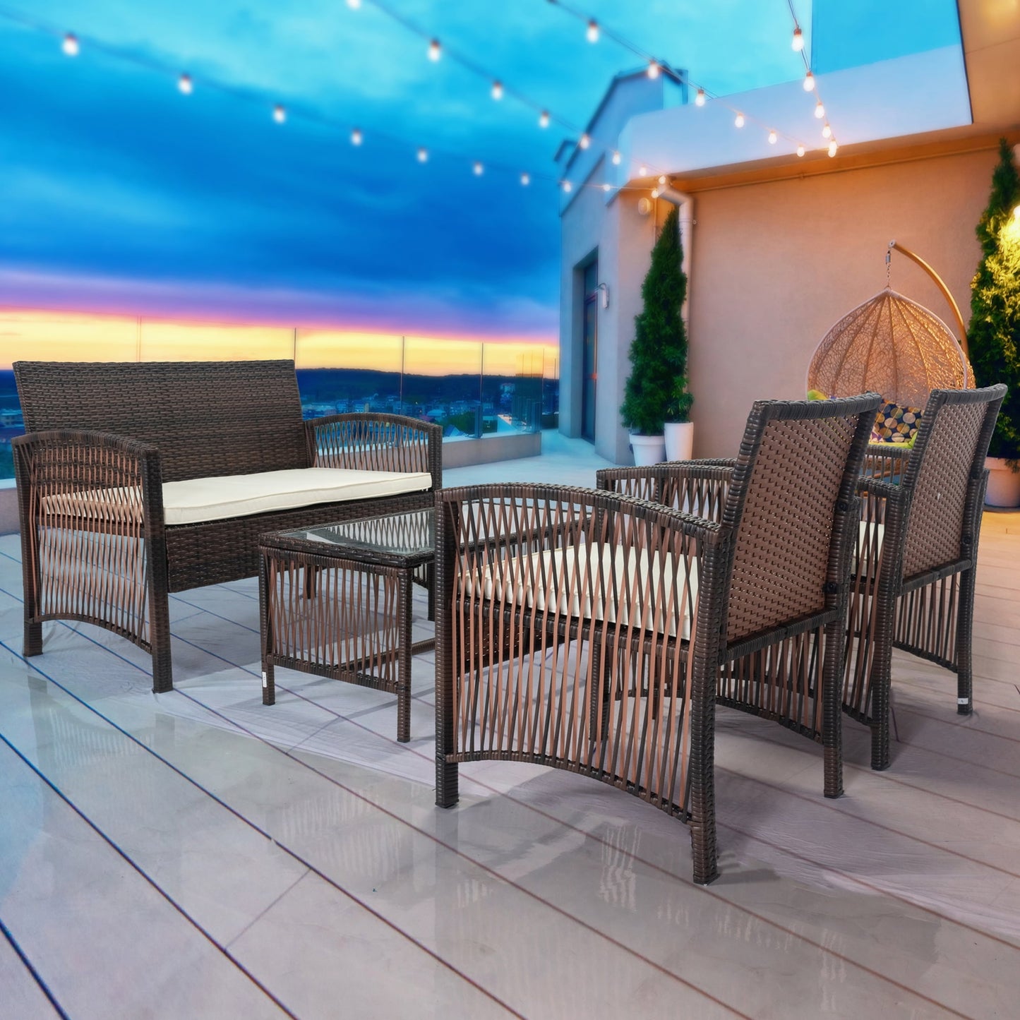 4 Pieces Wicker Patio Furniture Set, PE Rattan Outdoor Furniture Set, Patio Bistro Set with Glass Coffee Table, Outdoor Furniture Set for Garden, Backyard, Porch, Balcony, Poolside, JA2165