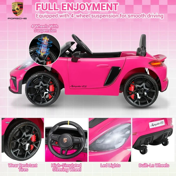 12V Kids Ride on Toys with Remote Control, Porsche Sports Ride on cars W/4 Wheels Suspension, Bluetooth, Music Player, LED Lights, Trailer Wheels, Soft Start,12V Electric Car for Girls Boys, Pink