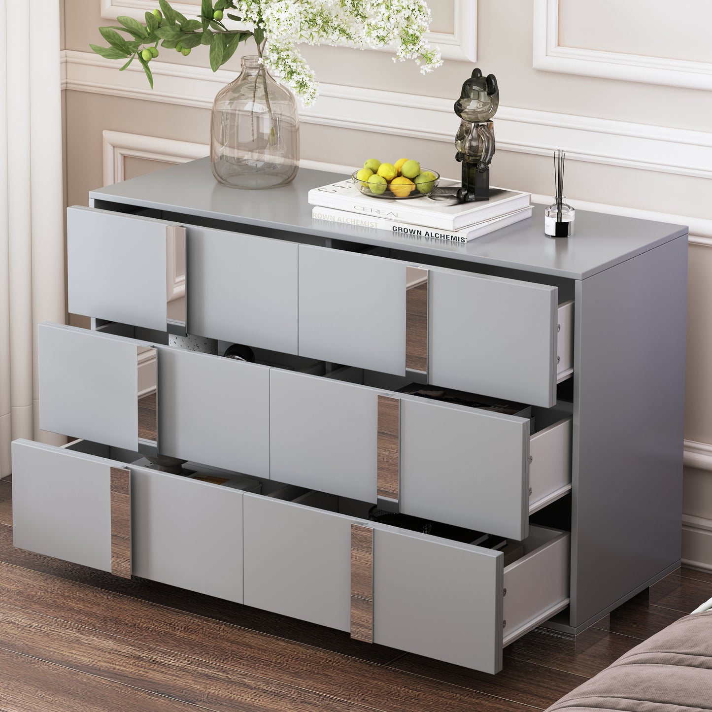 Drawer Dresser, Wood Nightstand with Metal Handle, Elegant Modern Mirrored Storage Cabinet with 6 Drawers for Bedroom, White