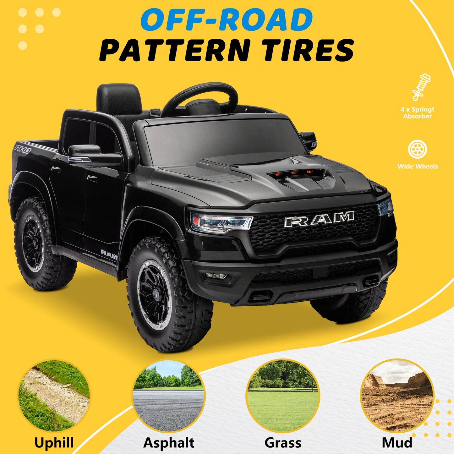 Ride on Car Toys for Kids, Ram 1500 Ride on Truck Toy with Remote Control, 4 Wheels Suspension Electric Car for Boys Girls 3-6 W/Key Switch, Bluetooth, Rear Storage Trunk, Safety Belt