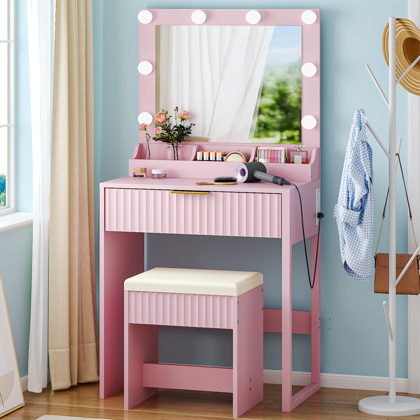 SESSLIFE Makeup Vanity Table Set with Mirror and Lights, 3-Color LED Lighting, Power Strip, Drawer & 3 Compartments, Modern Grille Design Compact Dressing Table for Bedroom, White