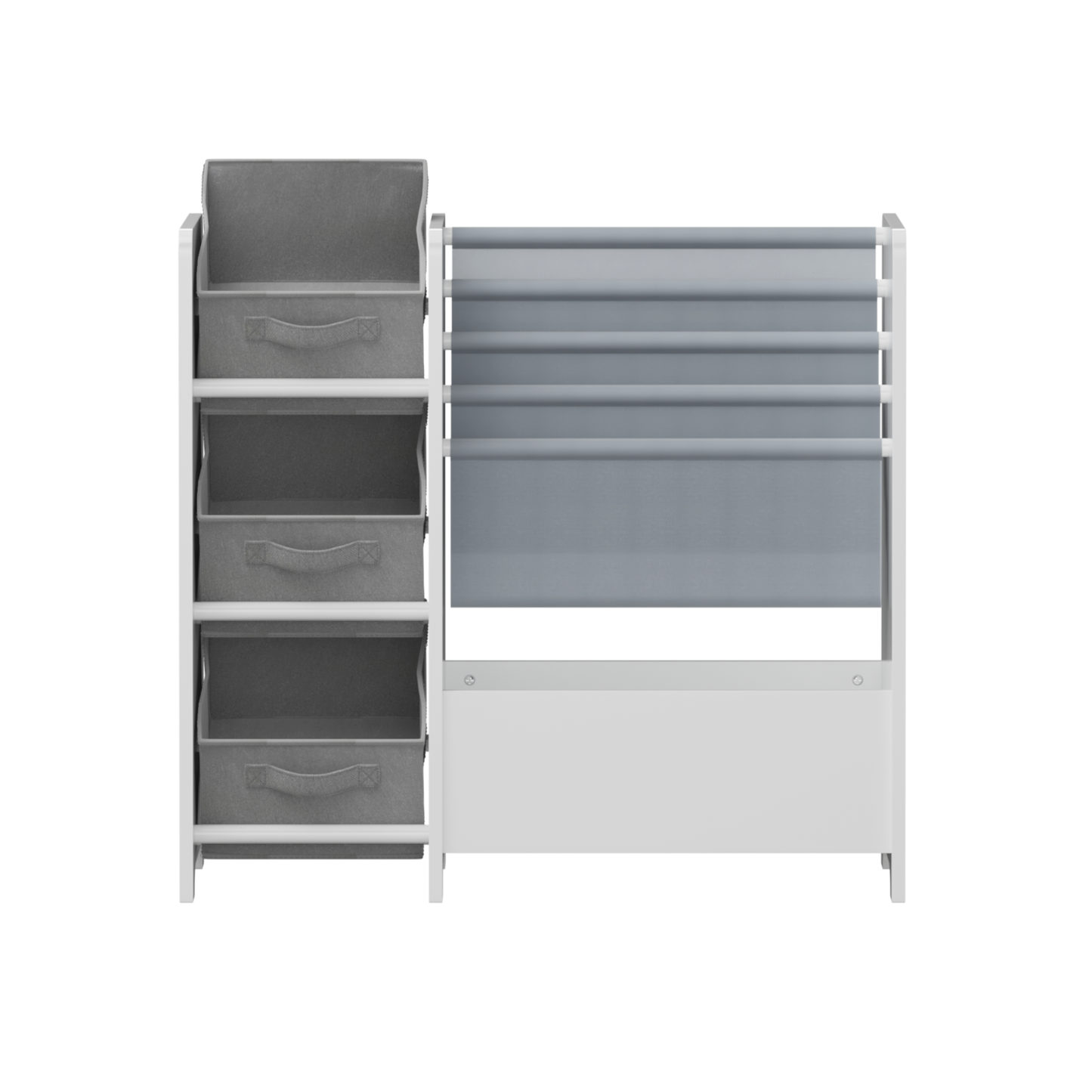 SESSLIFE 4 Tier Kids Bookshelf, Wooden Bookshelf for Kids with 3 Collapsible Fabric Drawers, Modern Toy Storage Organizer, Children’s Book Display for Playroom, Nursery, White/Grey