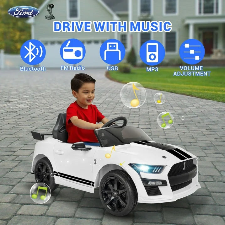 12V Powered Ride on Car for Kids, Ford Ride on Toys With Remote Control Bluetooth, MP3 Player, Radio, Lights, 4 Wheels Suspension Electric Car Toys for Boys Girls Gifts, White