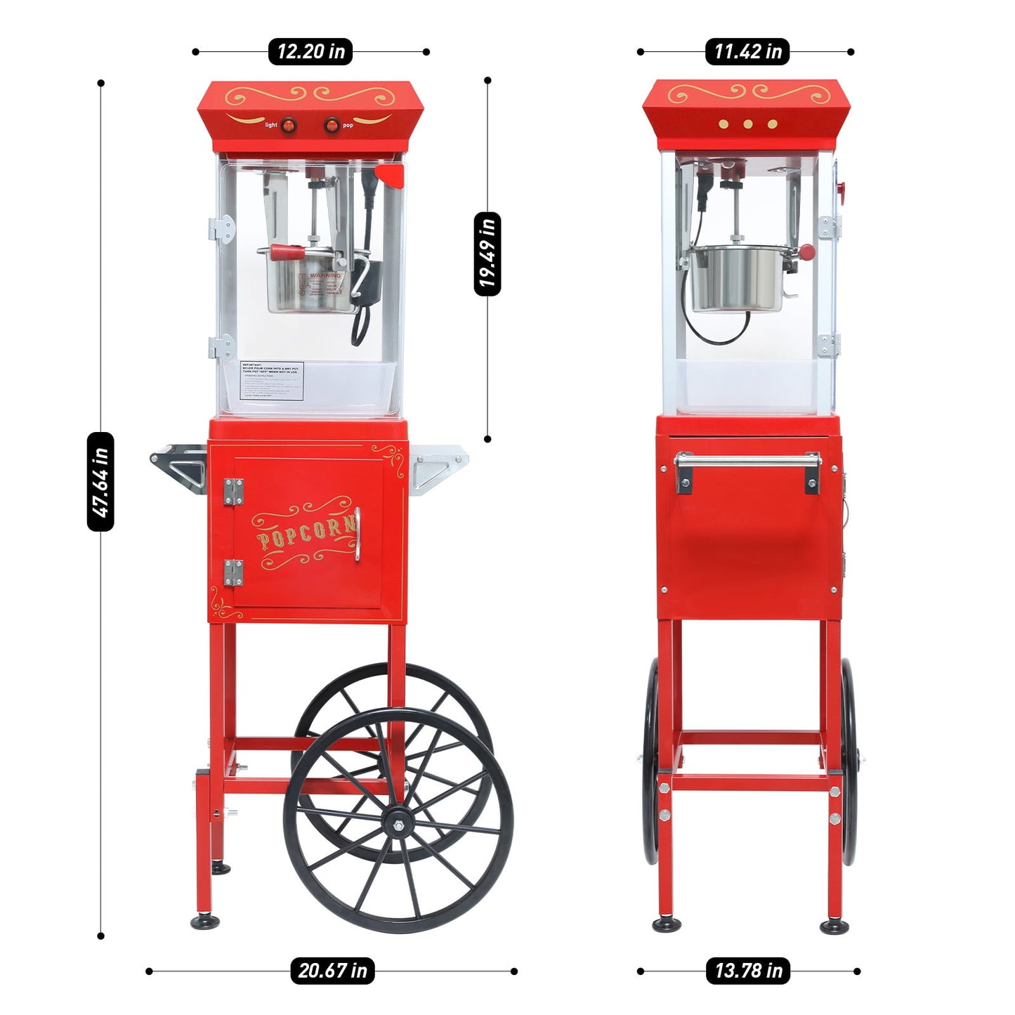 Commercial Popcorn Machine with Cart, 480W Popcorn Maker Machine, Popcorn Popper Machine with 6 oz Stainless Steel Kettle, Heated Deck, Storage Cabinet & 2 Wheels for Parties