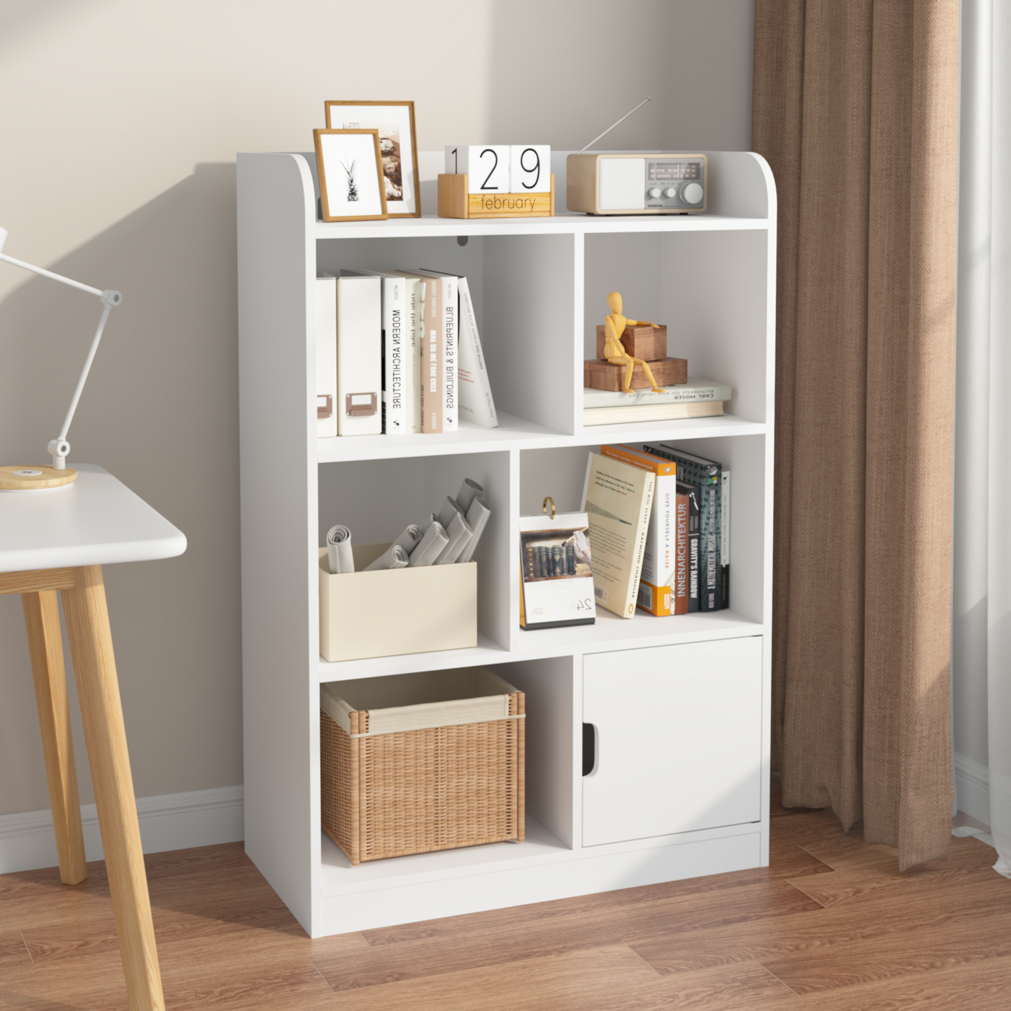 White Bookshelf for Kids, Modern Kids Bookcase with Shelves and Cube Organizer, Freestanding Kids Toy Storage with Compartments for Bedroom, Living Room, Office