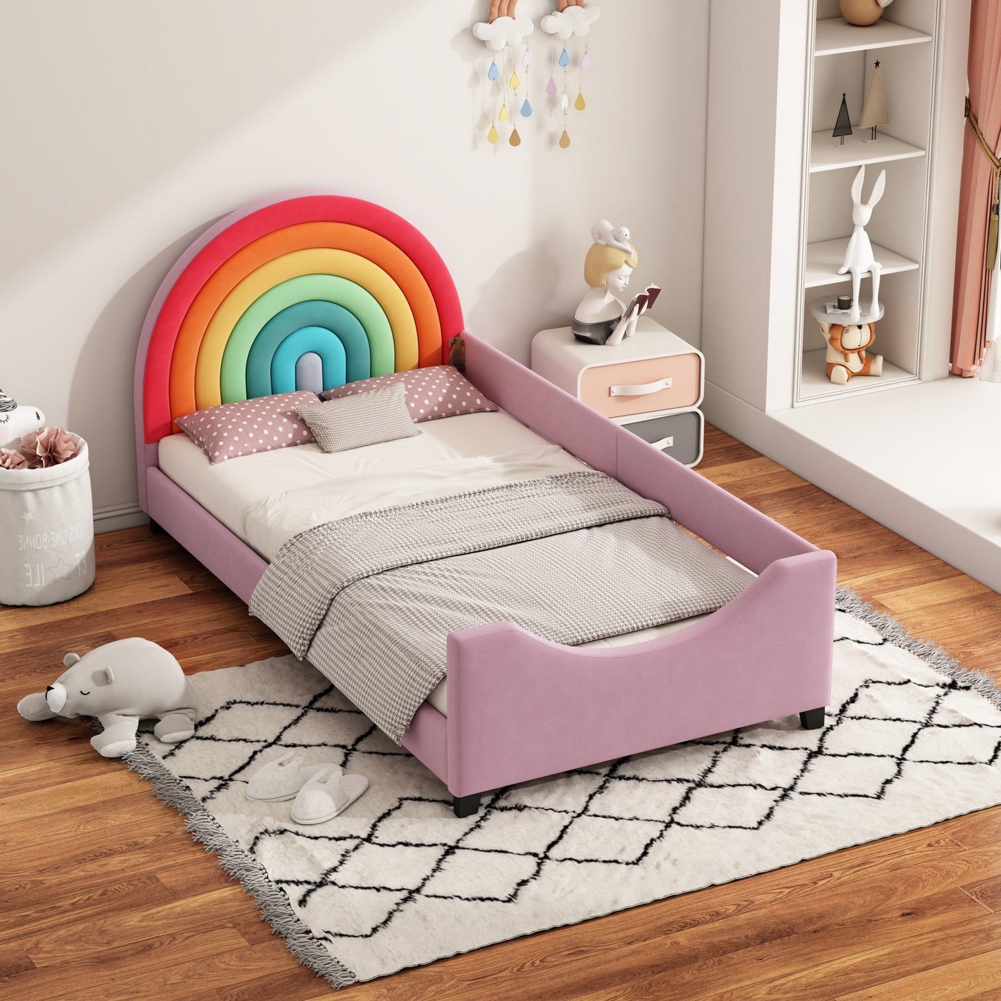 Sesslife Twin Bed Frame for Kids, Upholstered Kids Bed with Safety Fence, Cute Bed Frame with Rainbow-Shaped Headboard, Cartoon Platform Bed for Boys and Girls, No Box Spring Needed, Pink