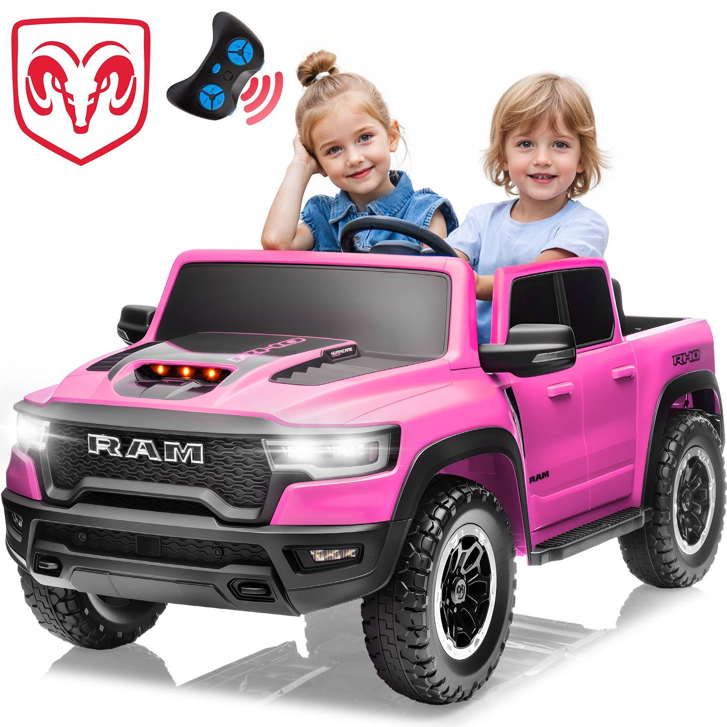 2 Seater Ride on Cars for Kids, RAM 1500 Extra large Real 24V Powered Ride on Toys with Remote Control, LED Light, MP3 Player, Electric Vehicles Ride on Truck for Boys Girls Gifts, Pink
