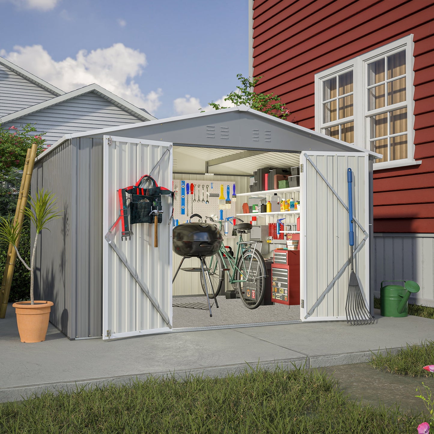 10'x 8' Large Sheds and Outdoor Storage House, Metal Outdoor Storage Shed with Base Frame and Lockable Door, Garden Storage Shed Pet House for Lawnmower, Garden Tools, Bike, Garage