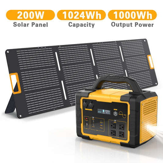 Enyopro Portable Solar Generator 1000 W Portable Power Station with 200 W Foldable Solar Panel, 1024 Wh Lithium Battery, 120 V/60 Hz AC Outlet, Silent Generators for Home, Recreational Vehicles, Camping and Emergencies