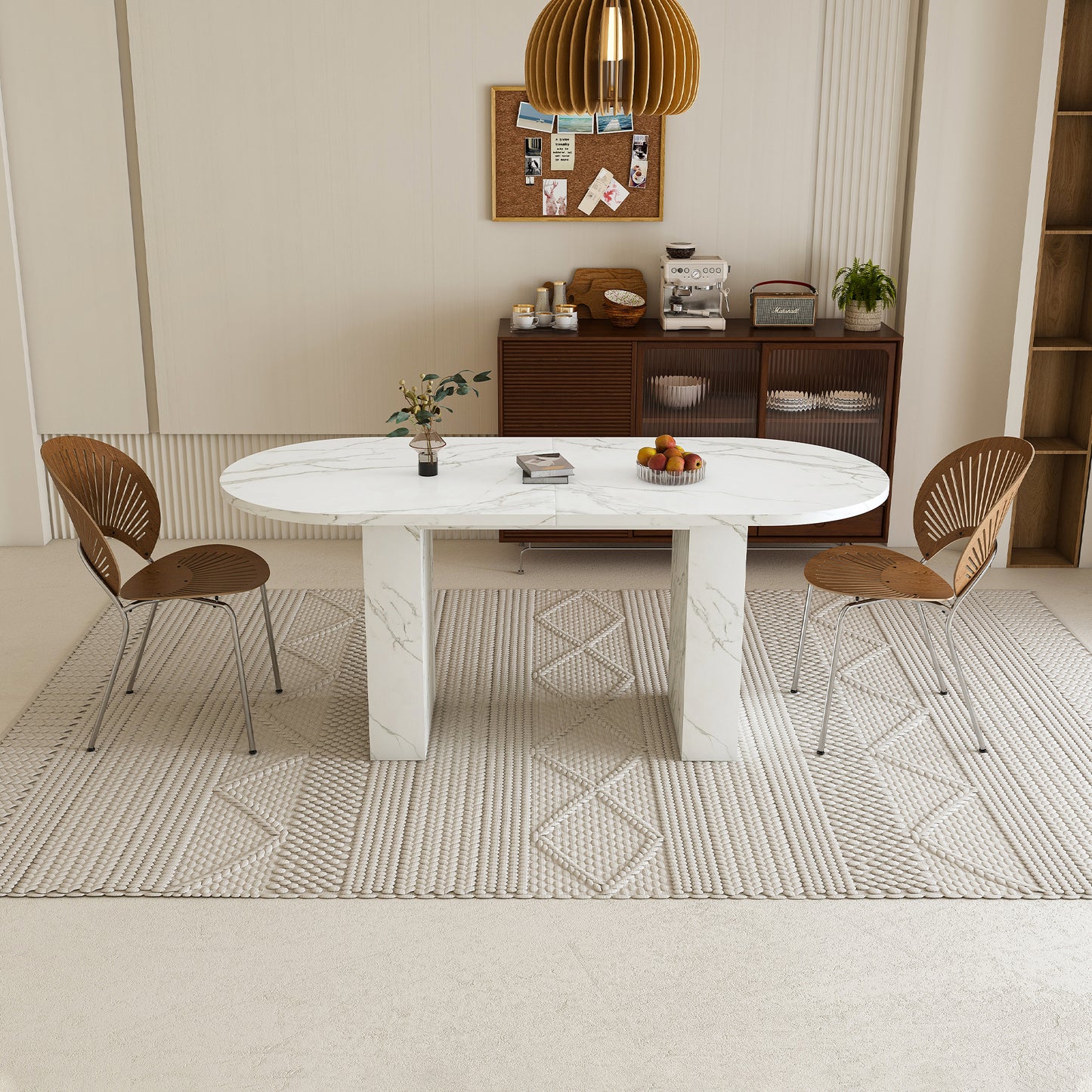 SESSLIFE Oval Dining Table, 62.9'' Modern Farmhouse Dining Table with with Wood Strip Base, Kitchen Table for Home and Office, White Marble Finish