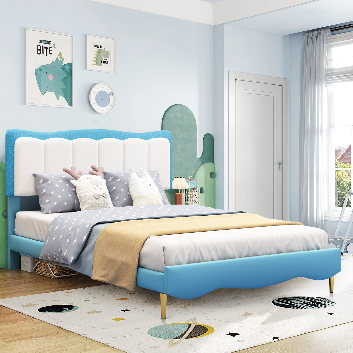 PORKISS Full Size Bed Frame with Curved Headboard, Wooden Full Bed Frame with Shelf Behind Headboard, White