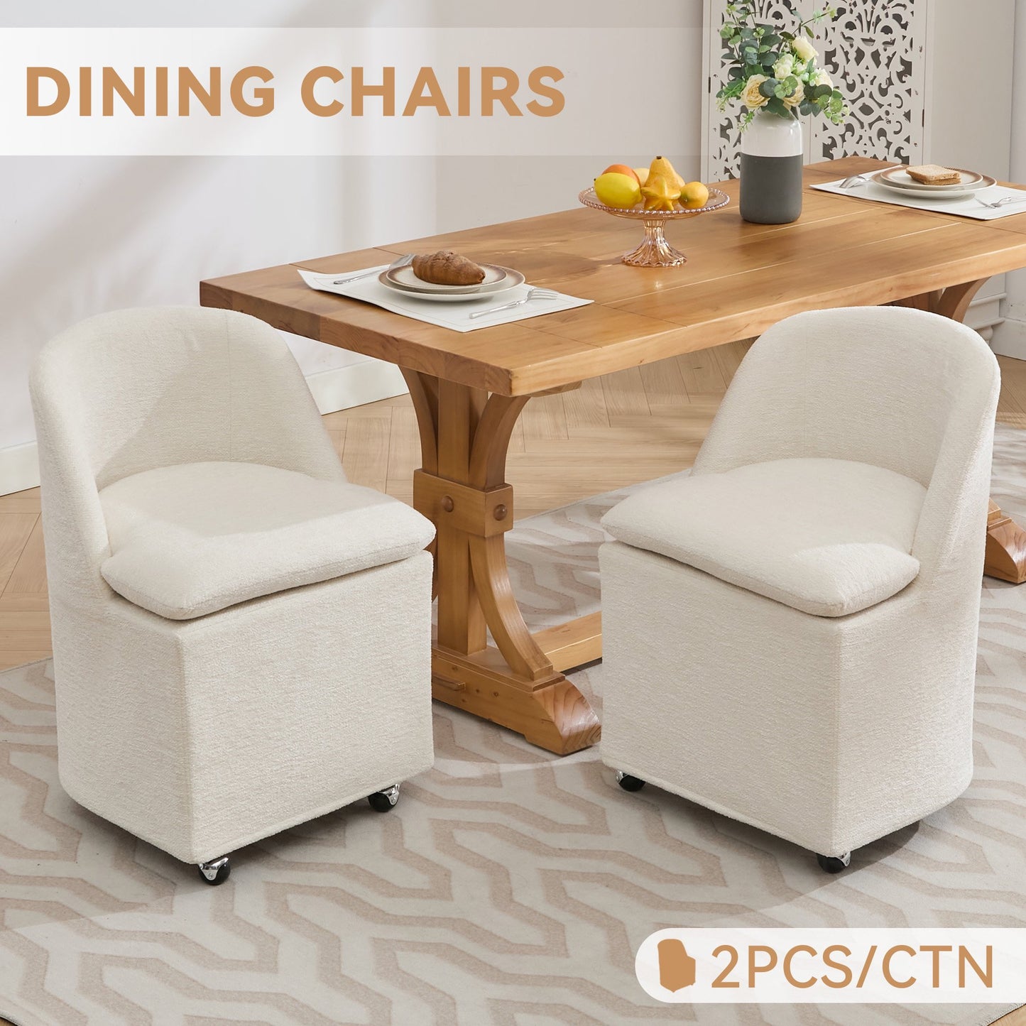 PORKISS Upholstered Dining Chairs of 2 with Wheels, Chenille Upholstered Kitchen Chairs, Accent Chairs for Kitchen Living Room, (Beige, 2 Pcs)