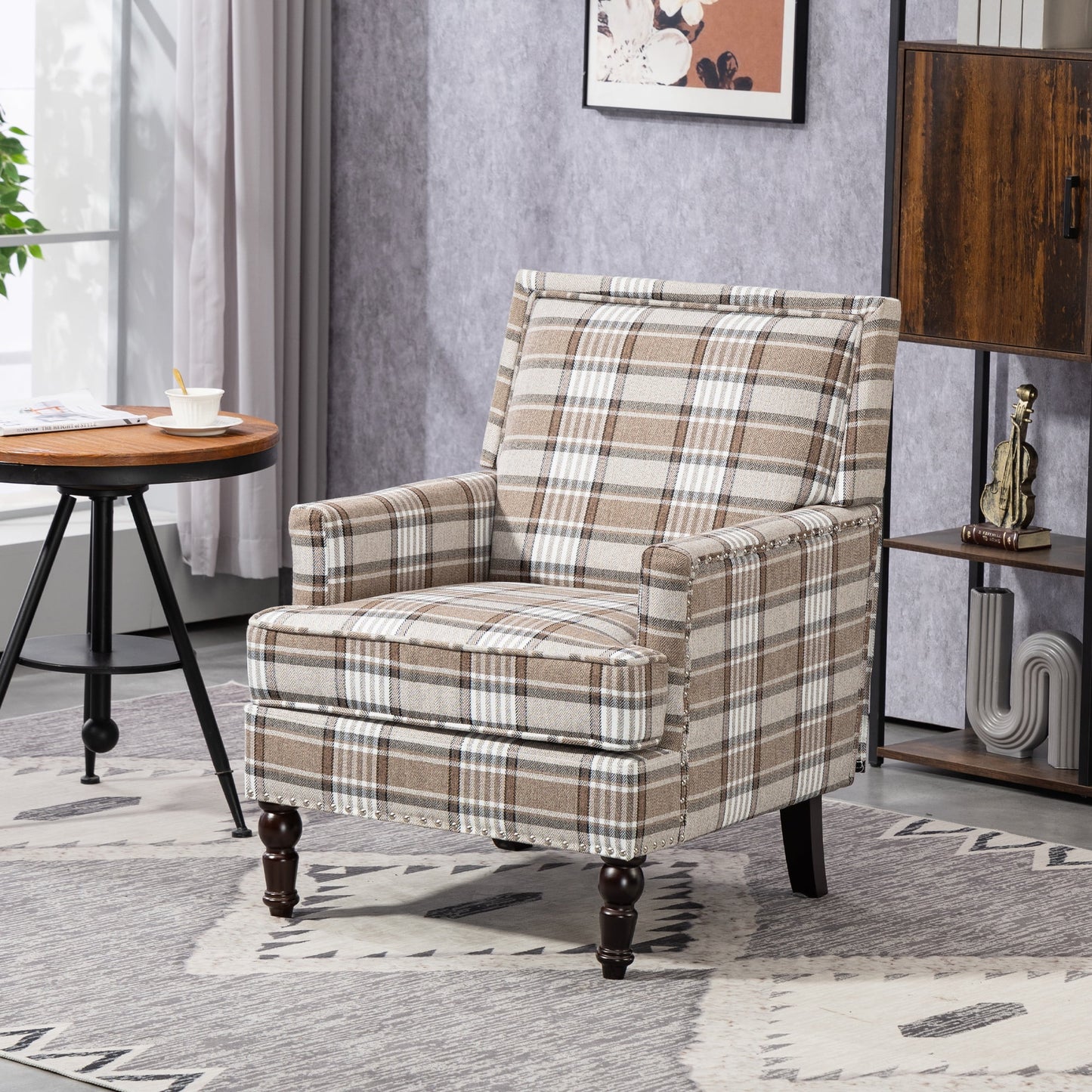 Mid-Century Accent Chair, Modern Arm Chair Linen Fabric Upholstered Comfy Reading Accent Chair with Solid Wood Frame for Living Room Bedroom Sunroom, Blue and White