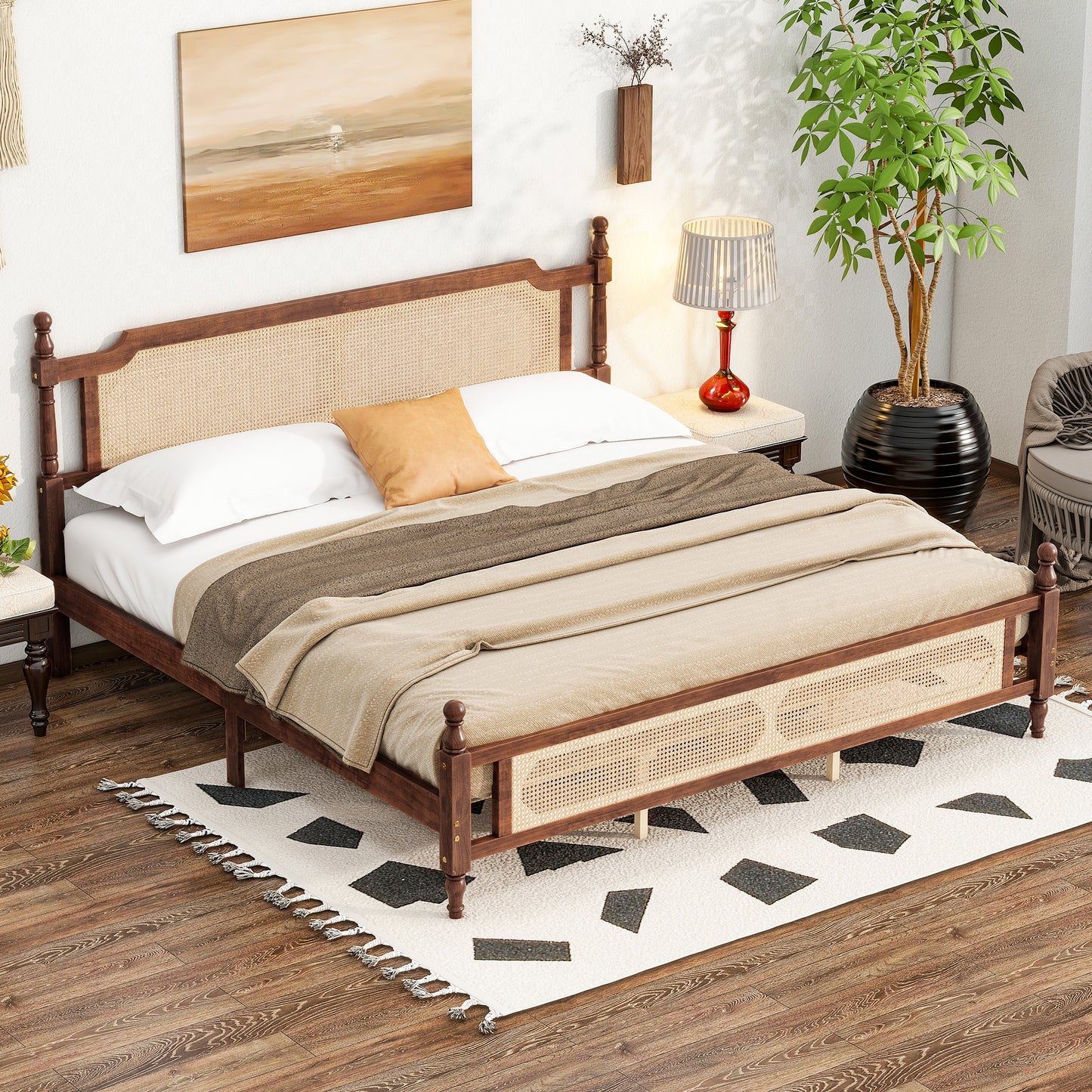 King Platform Bed Frame, Wood King Size Bed Frame with Rattan Headboard, Modern Bed Frame King with Central Enhanced for Adults, No Box Spring Needed, Walnut