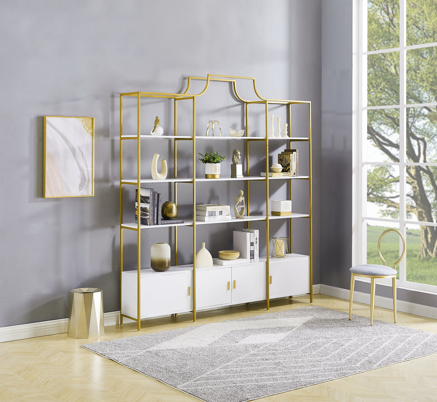 4 Tiers Bookcase Bookshelf, Modern Etagere Bookcase with Cabinets and X Bar Frame, Freestanding Tall Display Shelf for Home Office, Gold/White
