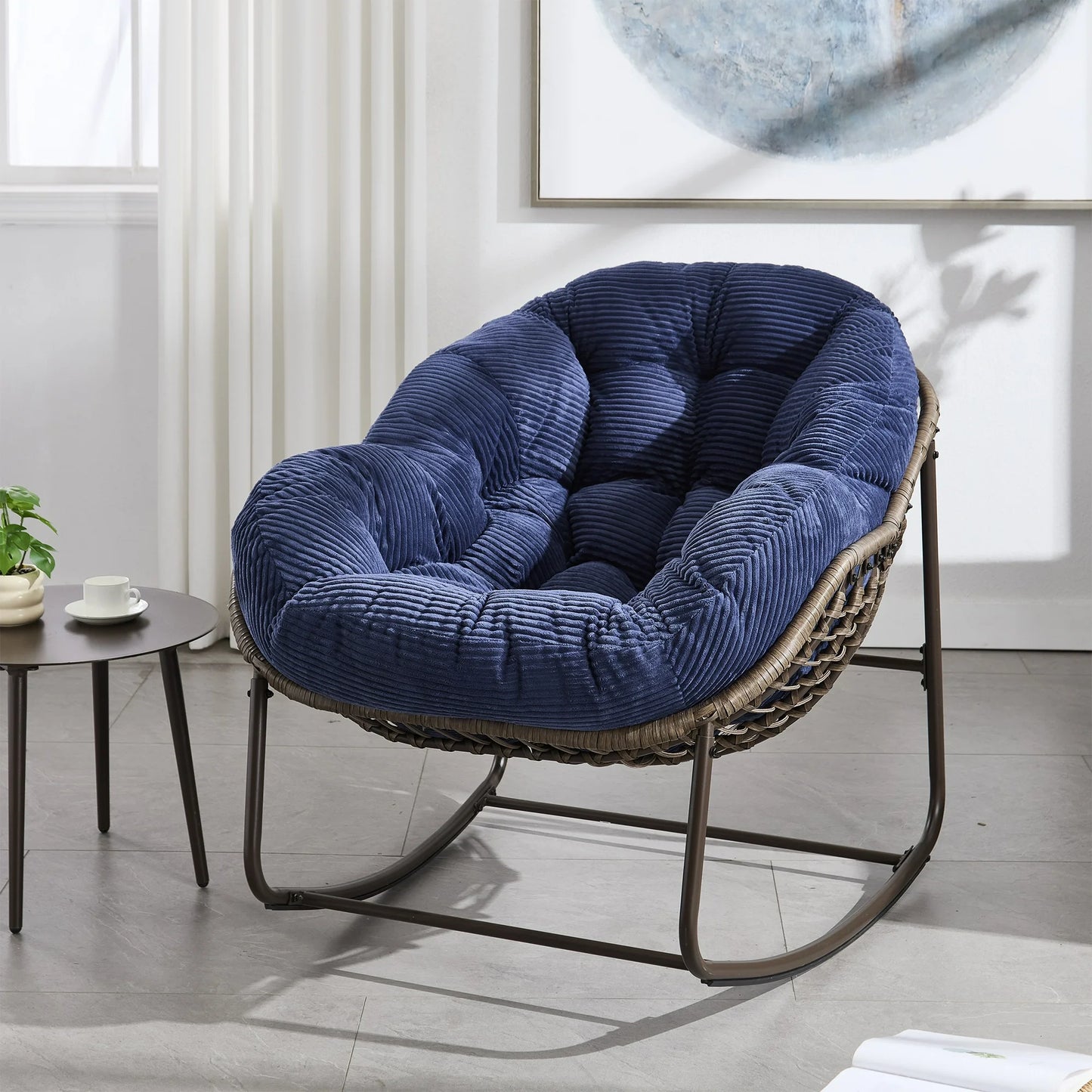 Papasan Rocking Chair Indoor and Outdoor, Patio Rocker Recliner Chair with Padded Cushion, Modern Lounge Egg Chair with Steel, Rattan Frame, Velvet White