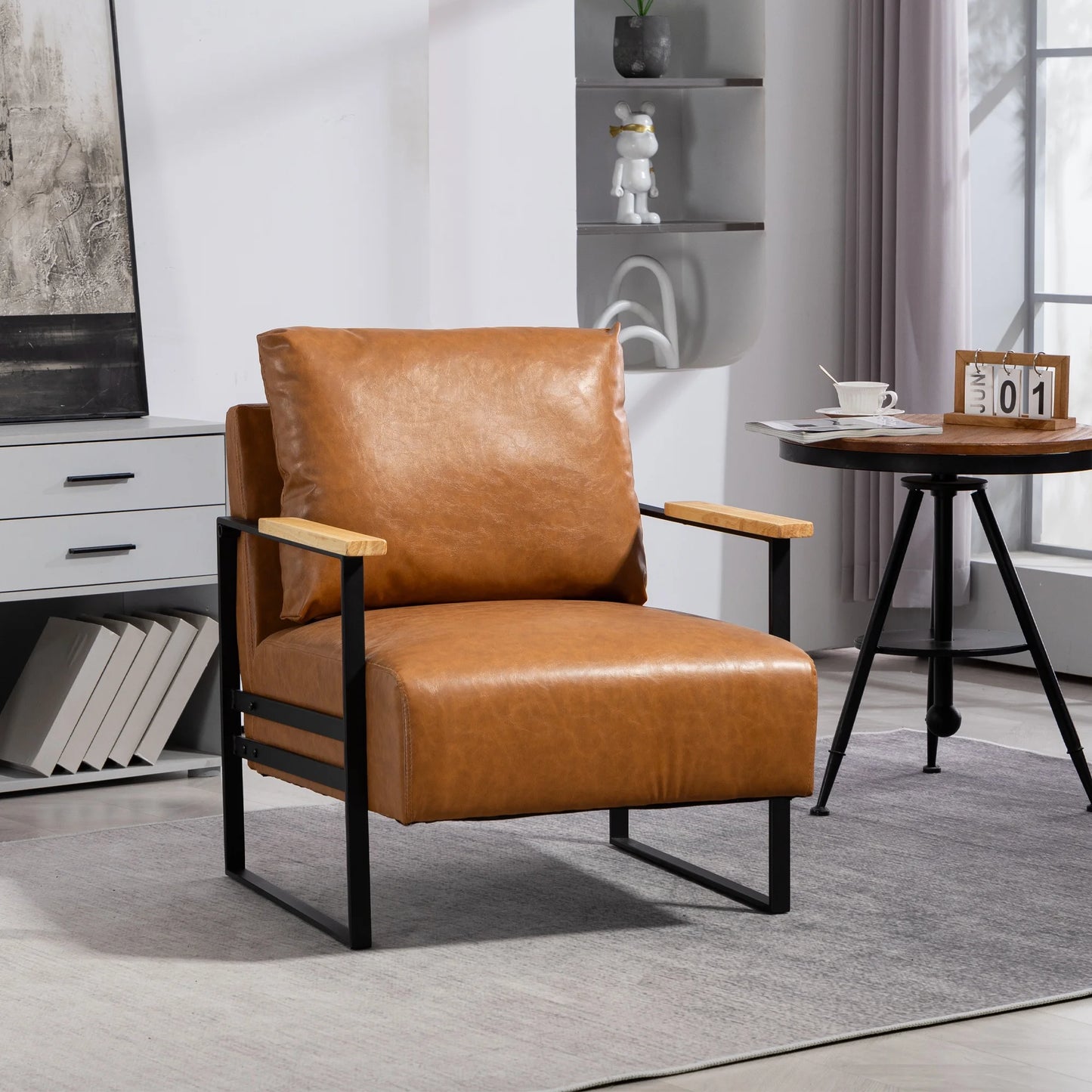 Accent Chair, Modern Arm Chair Leather Upholstered Reading Accent Chair with Metal Frame Solid Wood Arm for Living Room Bedroom Sunroom, Khaki