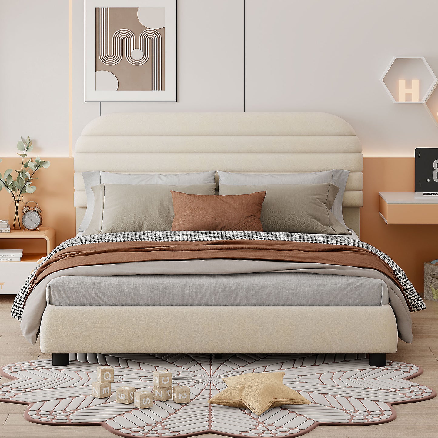 Queen Upholstered Bed Frame with Curve-shaped Headboard, Wood Velvet Platform Bed Frame with Solid Frame, Modern Queen Size Bed Frame with Wood Slats Support, No Box Spring Needed, Beige
