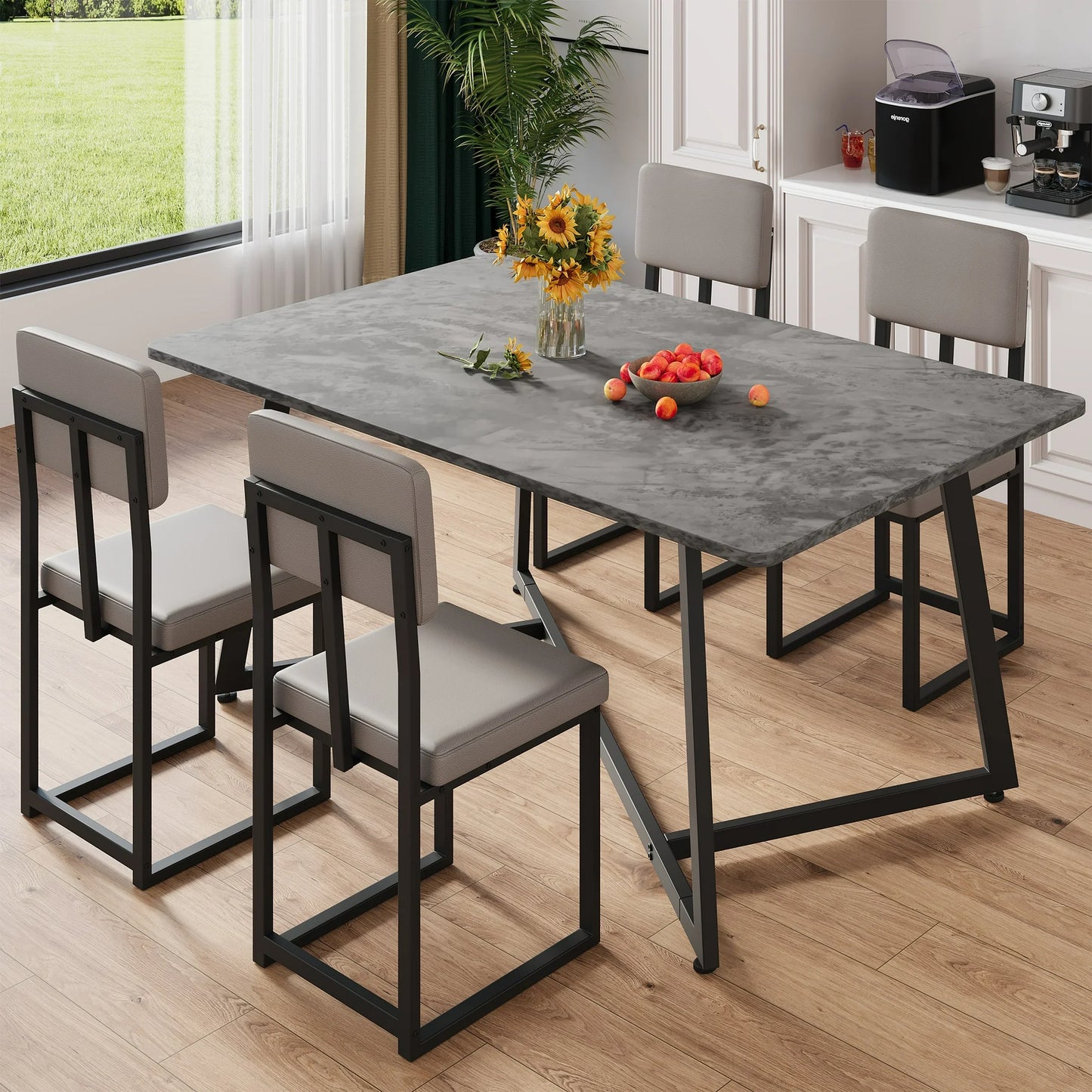 5 Piece Kitchen Dining Table and Chair Set, Dining Room Set with Faux Marble Table Leather Chairs, Rectangle Dining Table Set for 4, Dining Set for Kitchen Dining Room Small Space