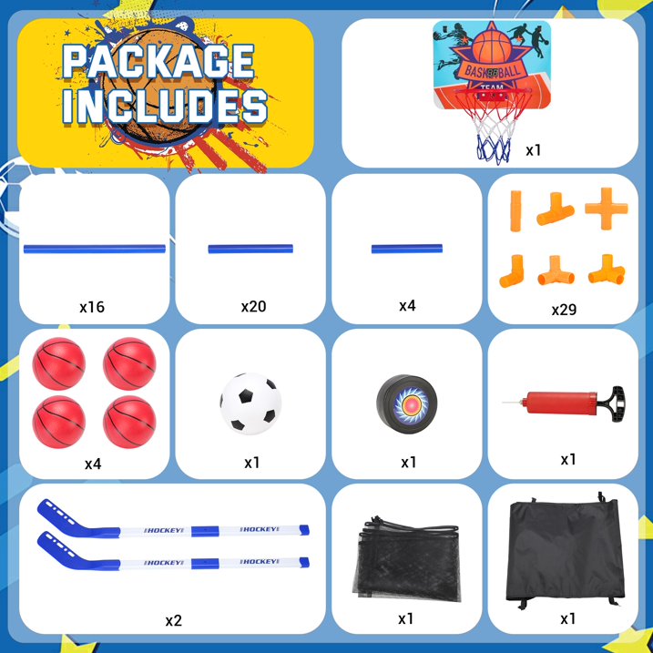 3 in-1 Kids Arcade Basketball Game & Hockey & Soccer, With 4 Basketball Balls, Football, Hockey, Hockey Stick, Pump, Electronic Scoreboard Sound for Toddlers, Basketball Goal for Kids Boys Girls