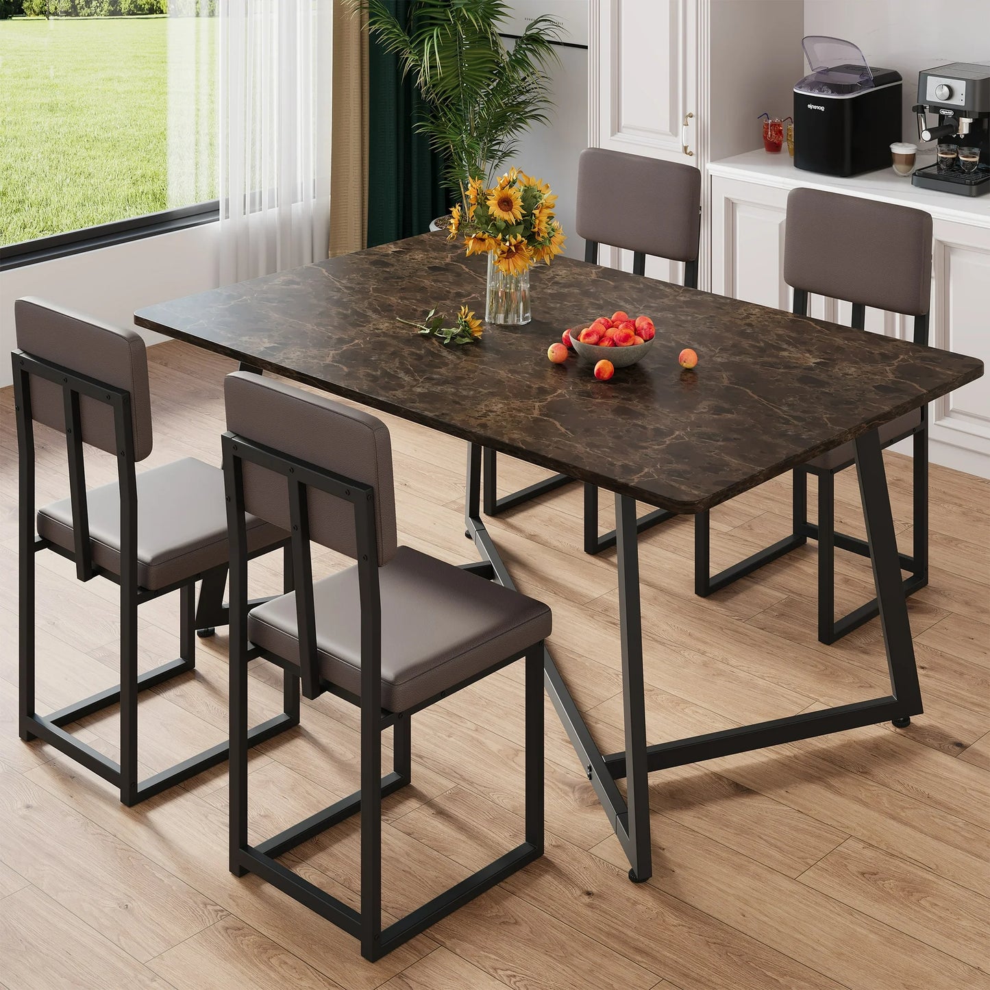5 Piece Kitchen Dining Table and Chair Set, Dining Room Set with Faux Marble Table Leather Chairs, Rectangle Dining Table Set for 4, Dining Set for Kitchen Dining Room Small Space