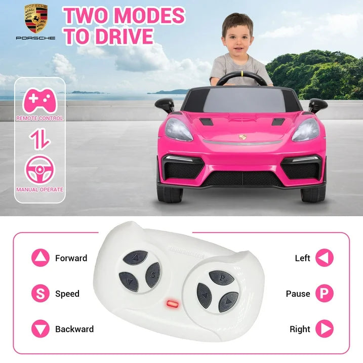 12V Kids Ride on Toys with Remote Control, Porsche Sports Ride on cars W/4 Wheels Suspension, Bluetooth, Music Player, LED Lights, Trailer Wheels, Soft Start,12V Electric Car for Girls Boys, Pink