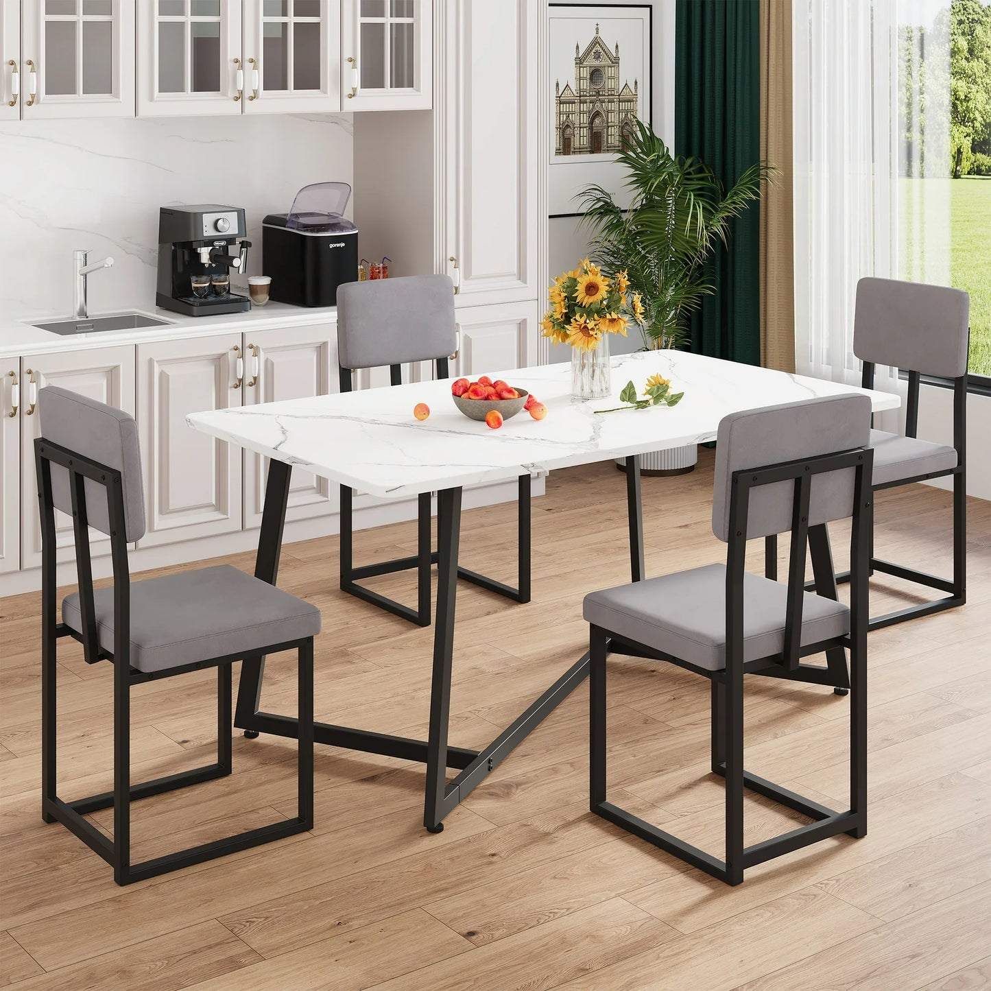 5 Piece Kitchen Dining Table and Chair Set, Dining Room Set with Faux Marble Table Leather Chairs, Rectangle Dining Table Set for 4, Dining Set for Kitchen Dining Room Small Space