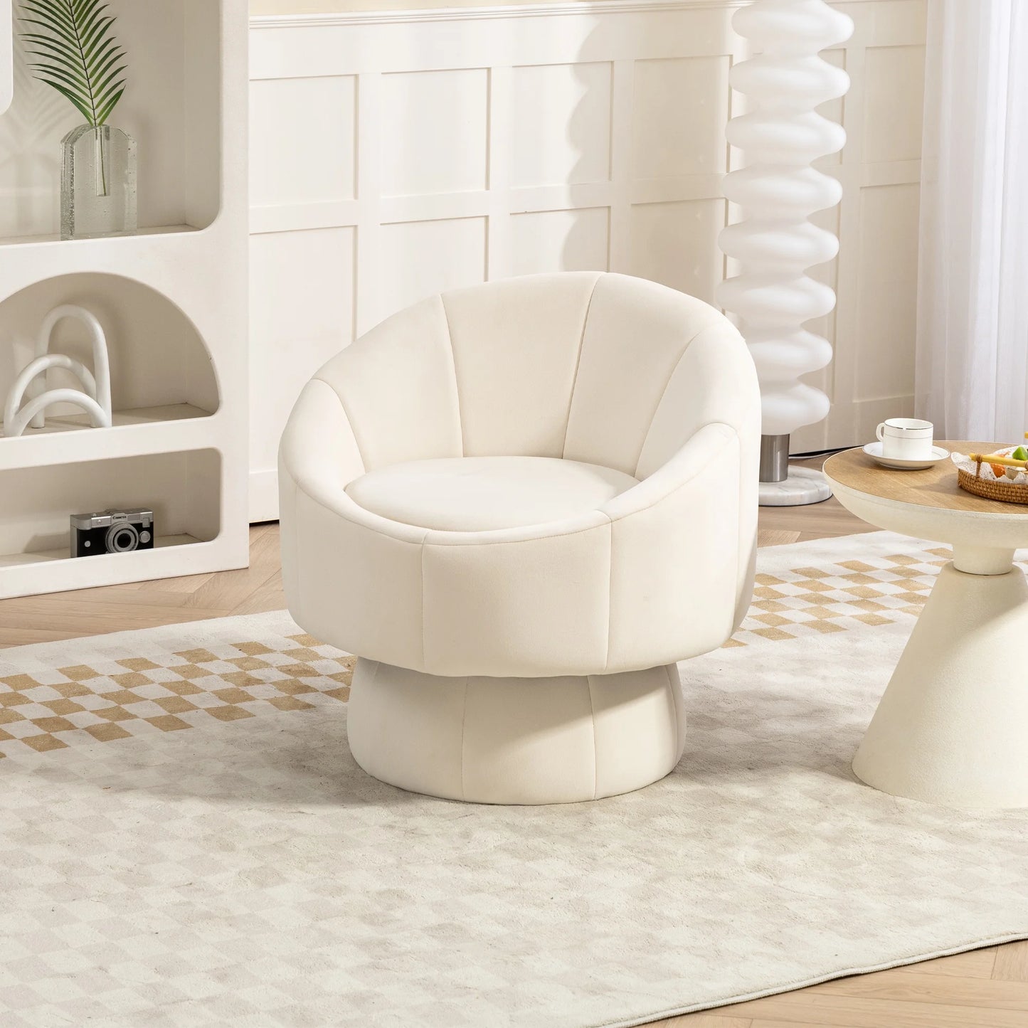 360° Swivel Chair, Modern Accent Chair Velvet Upholstered Reading Comfy Round Single Leisure Sofa Chair with Metal Swivel Ring for Living Room Bedroom Sunroom