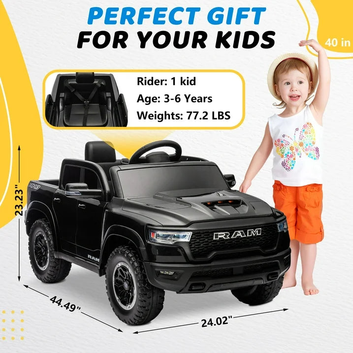 Ride on Car Toys for Kids, Ram 1500 Ride on Truck Toy with Remote Control, 4 Wheels Suspension Electric Car for Boys Girls 3-6 W/Key Switch, Bluetooth, Rear Storage Trunk, Safety Belt