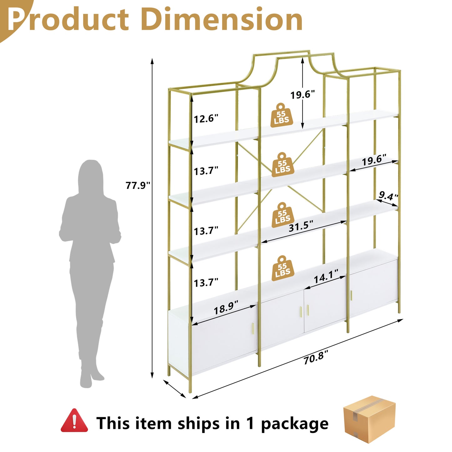 4 Tiers Bookcase Bookshelf, Modern Etagere Bookcase with Cabinets and X Bar Frame, Freestanding Tall Display Shelf for Home Office, Gold/White
