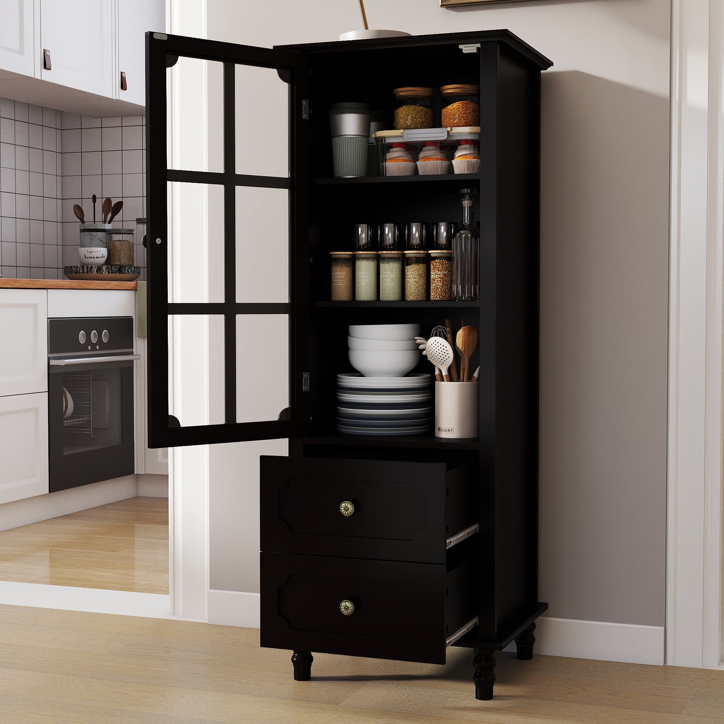 SESSLIFE Tall Pantry Cabinet with Glass Door, Narrow Kitchen Storage Cabinet with Drawers, Adjustable Shelves, Modern Farmhouse Storage Cabinet for Small Spaces, White