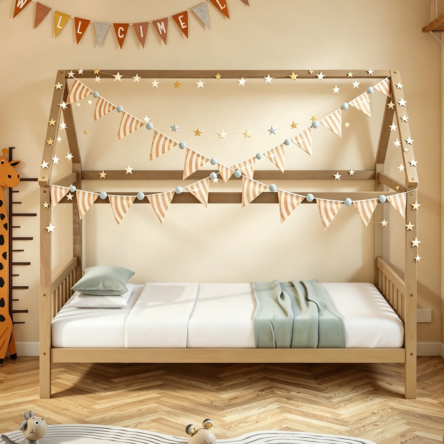 SESSLIFE Twin Floor Bed with Fence, Wood House Bed Frame for Boys Girls, Toddler Bed with Canopy Roof, 13 Slats, No Box Spring Needed, Gray