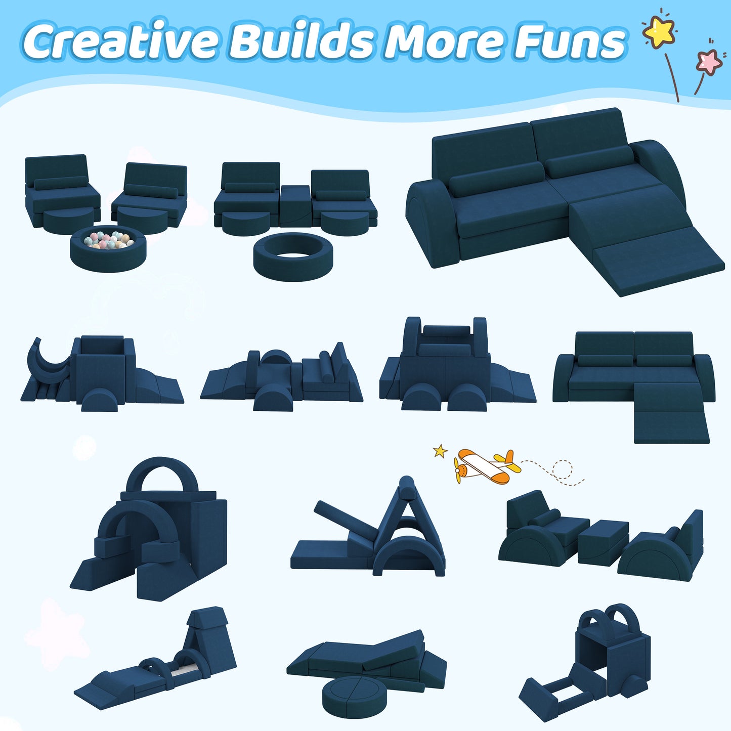 10 PCS Modular Kids Play Couch, Toddler Sofa Couch for Crawl Foam Play, Climbing Blocks Convertible Sofa, Modern Nugget Couch for Toddlers, Infant, Kids, Per-School