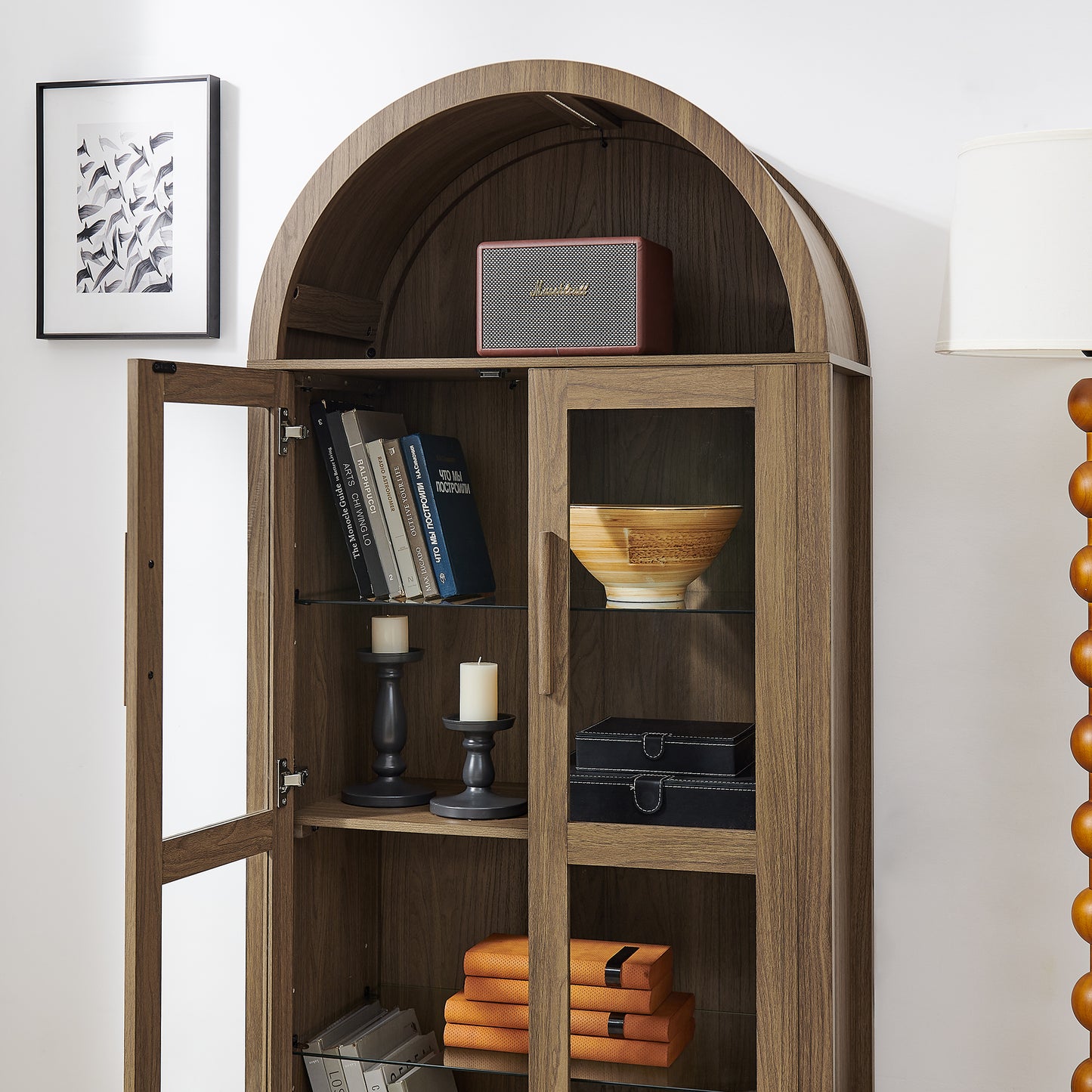 SESSLIFE 67" Arched Storage Cabinet with Light, Modern Wooden Cabinet with Adjustable Shelves, Multi-Functional Tall Kitchen Cabinet for Living Room, Black Freestanding Storage