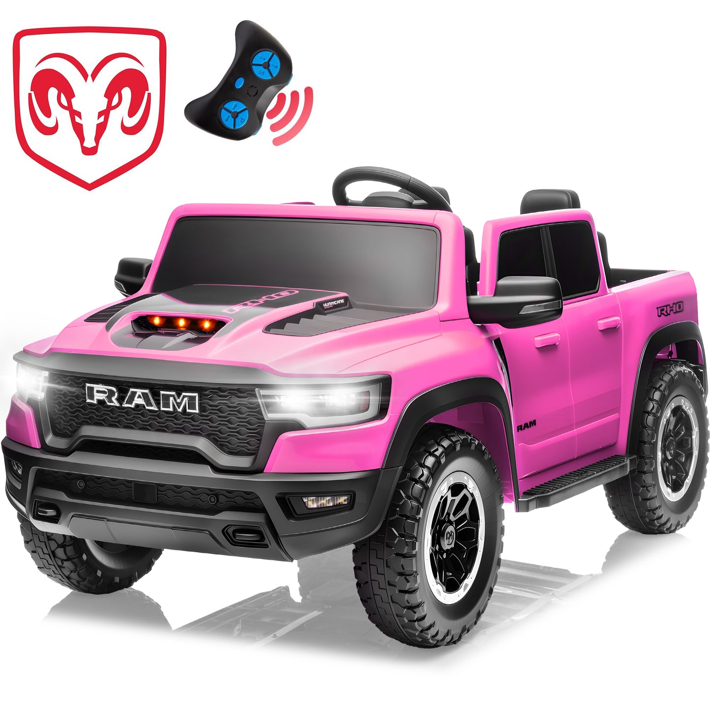 2 Seater Ride on Cars for Kids, RAM 1500 Extra large Real 24V Powered Ride on Toys with Remote Control, LED Light, MP3 Player, Electric Vehicles Ride on Truck for Boys Girls Gifts, Pink