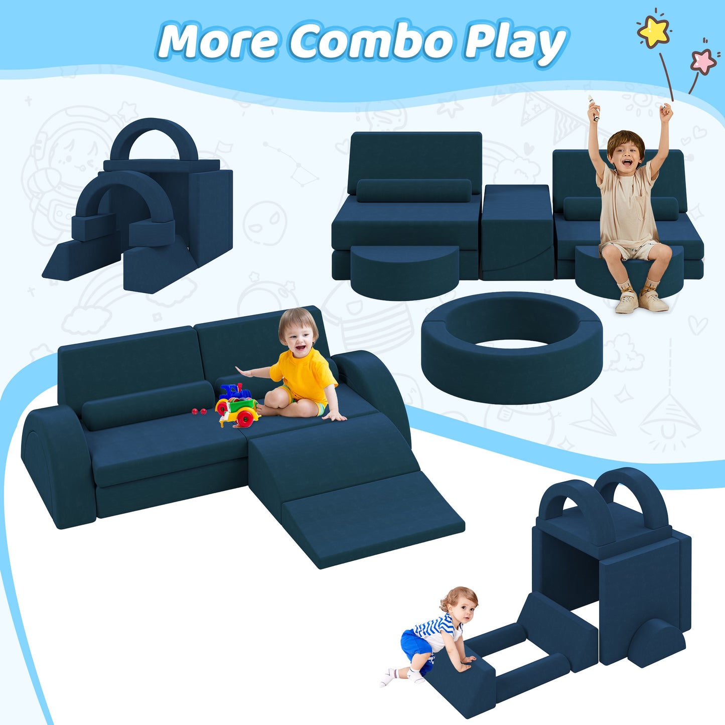 10 PCS Modular Kids Play Couch, Toddler Sofa Couch for Crawl Foam Play, Climbing Blocks Convertible Sofa, Modern Nugget Couch for Toddlers, Infant, Kids, Per-School