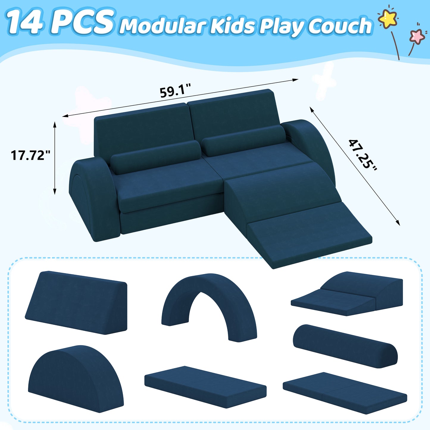 10 PCS Modular Kids Play Couch, Toddler Sofa Couch for Crawl Foam Play, Climbing Blocks Convertible Sofa, Modern Nugget Couch for Toddlers, Infant, Kids, Per-School