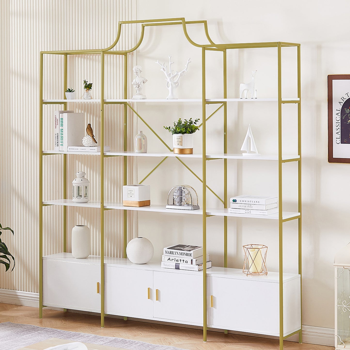 4 Tiers Bookcase Bookshelf, Modern Etagere Bookcase with Cabinets and X Bar Frame, Freestanding Tall Display Shelf for Home Office, Gold/White