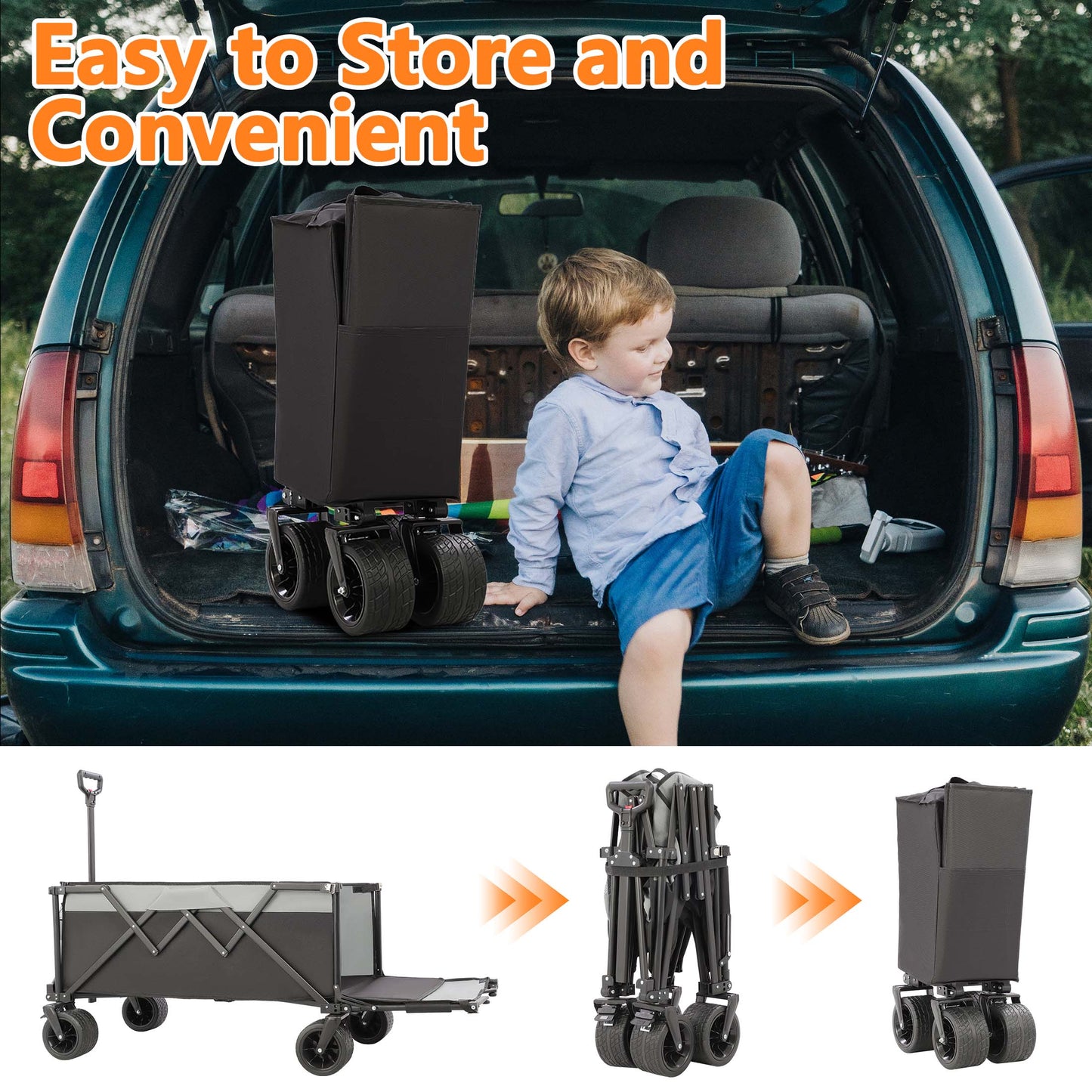 SESSLIFE 400L Extra Large Beach Wagon Cart with Tailgate and All-Terrain Wheels, 440 lbs Collapsible Wagon with Storage Bag, Folding Wagon Portable Cart for Camping Shopping