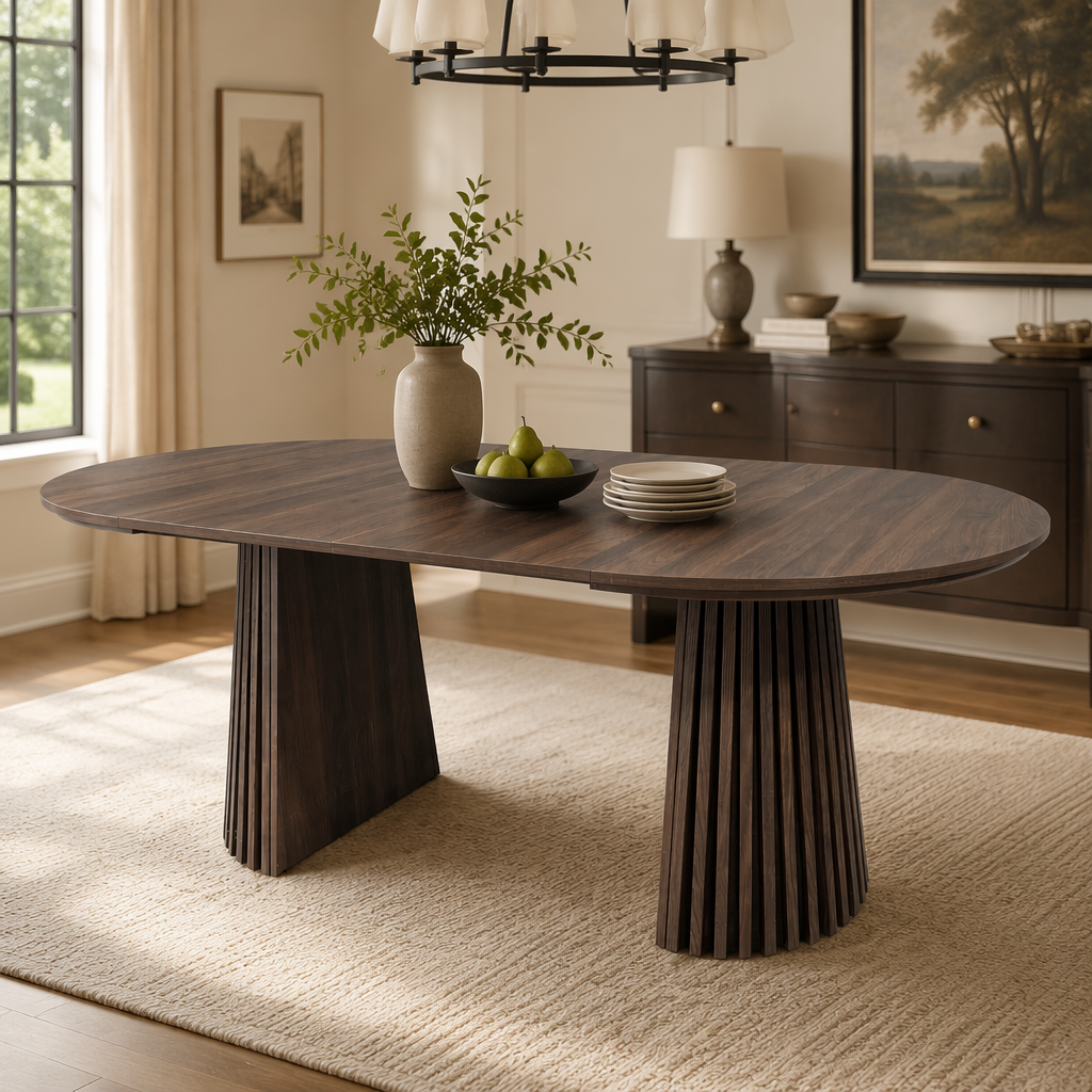 SESSLIFE Extendable Dining Table for 4-8, Oval Kitchen Table with Extension Leaves, Slatted Pedestal Base, Space-Saving Dining Room and Home Office Table, Natural