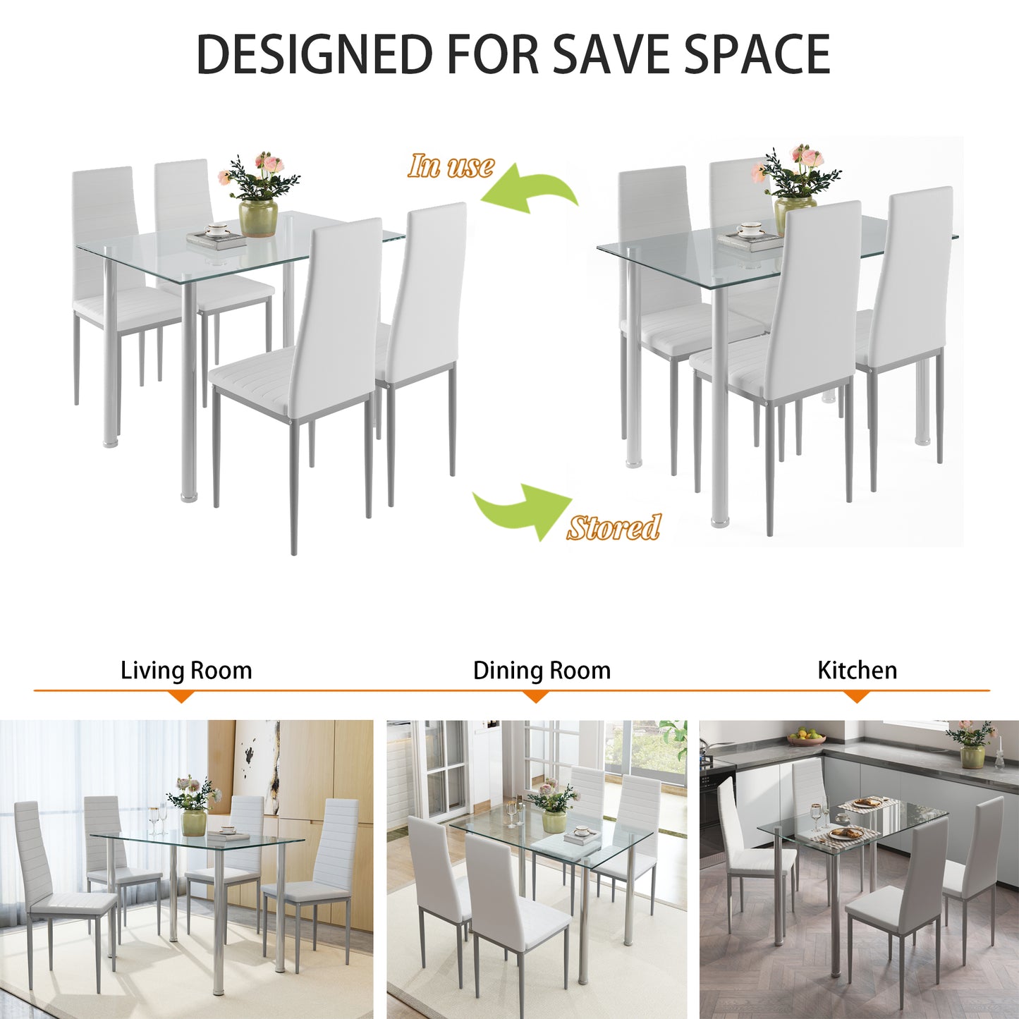 Sesslife Dining Table Set for 4, Modern Kitchen Table with Faux Leather Upholstery Chairs, 5-piece Rectangular Kitchen Table Set, Small Space Dining Table, Living Room Occasions Furniture, White