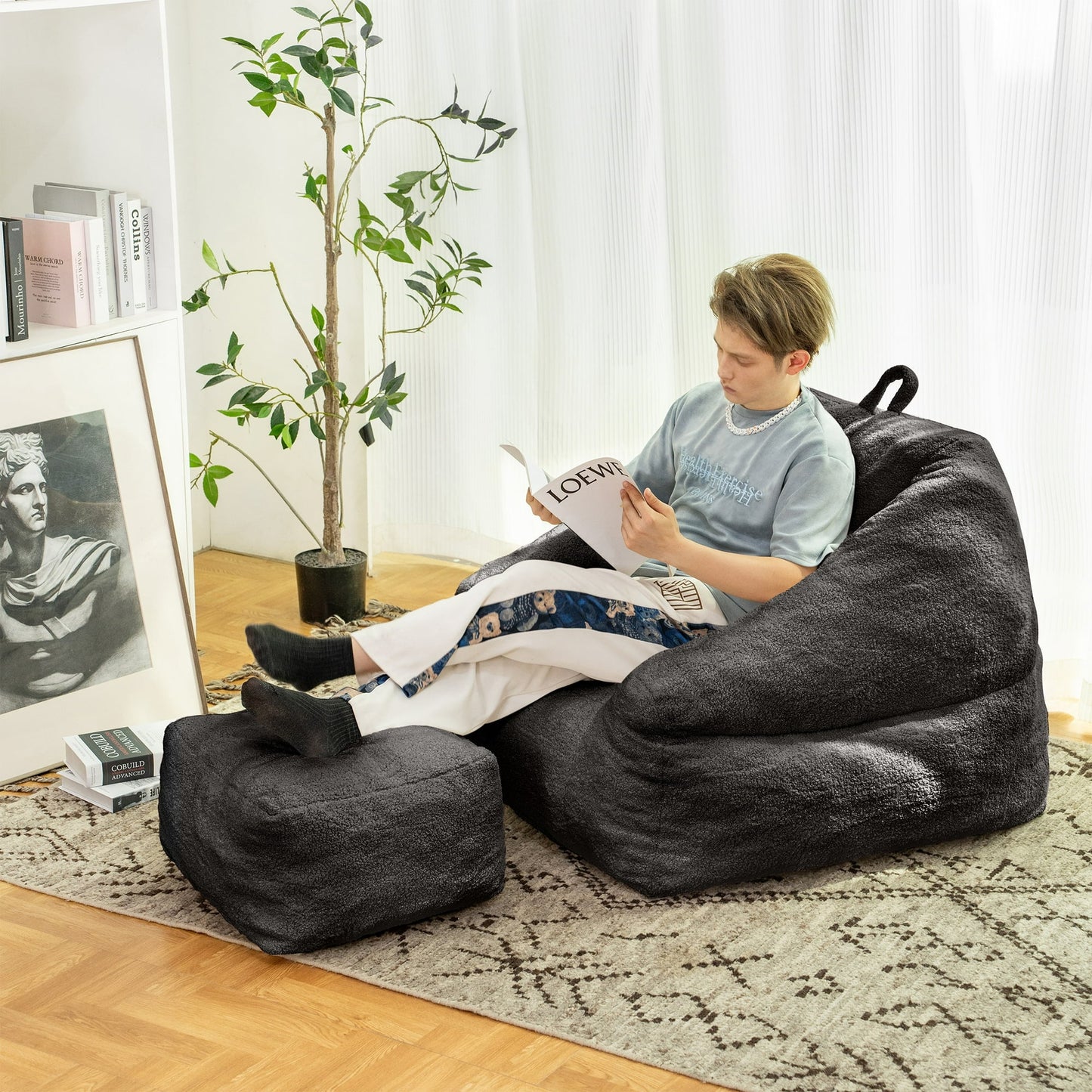 PORKISS Bean Bag Chair with Footstool, Sofa Bean Bag for Adults Teens, Teddy Upholstered Memory Foam Sofa Sack, Black