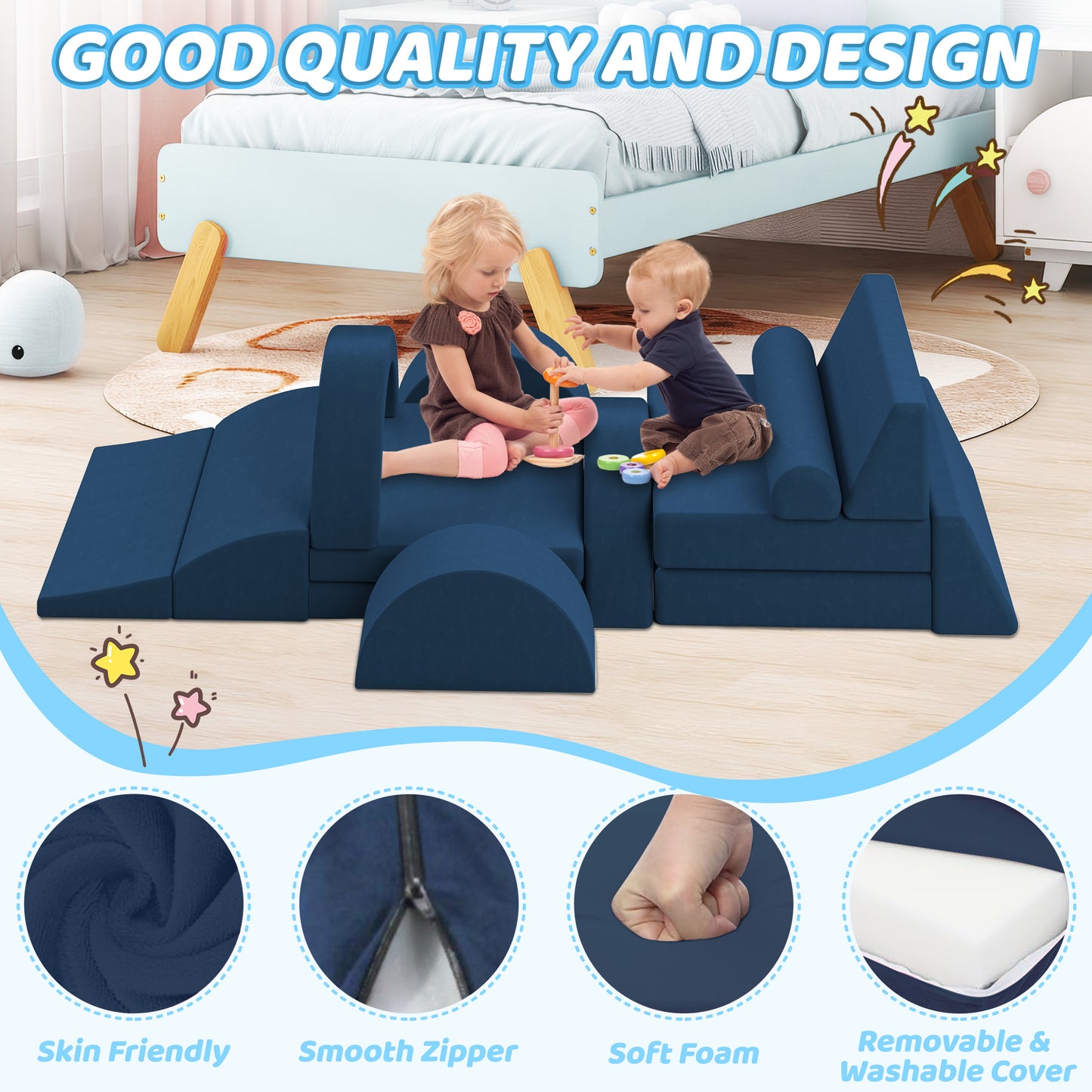 10 PCS Modular Kids Play Couch, Toddler Sofa Couch for Crawl Foam Play, Climbing Blocks Convertible Sofa, Modern Nugget Couch for Toddlers, Infant, Kids, Per-School