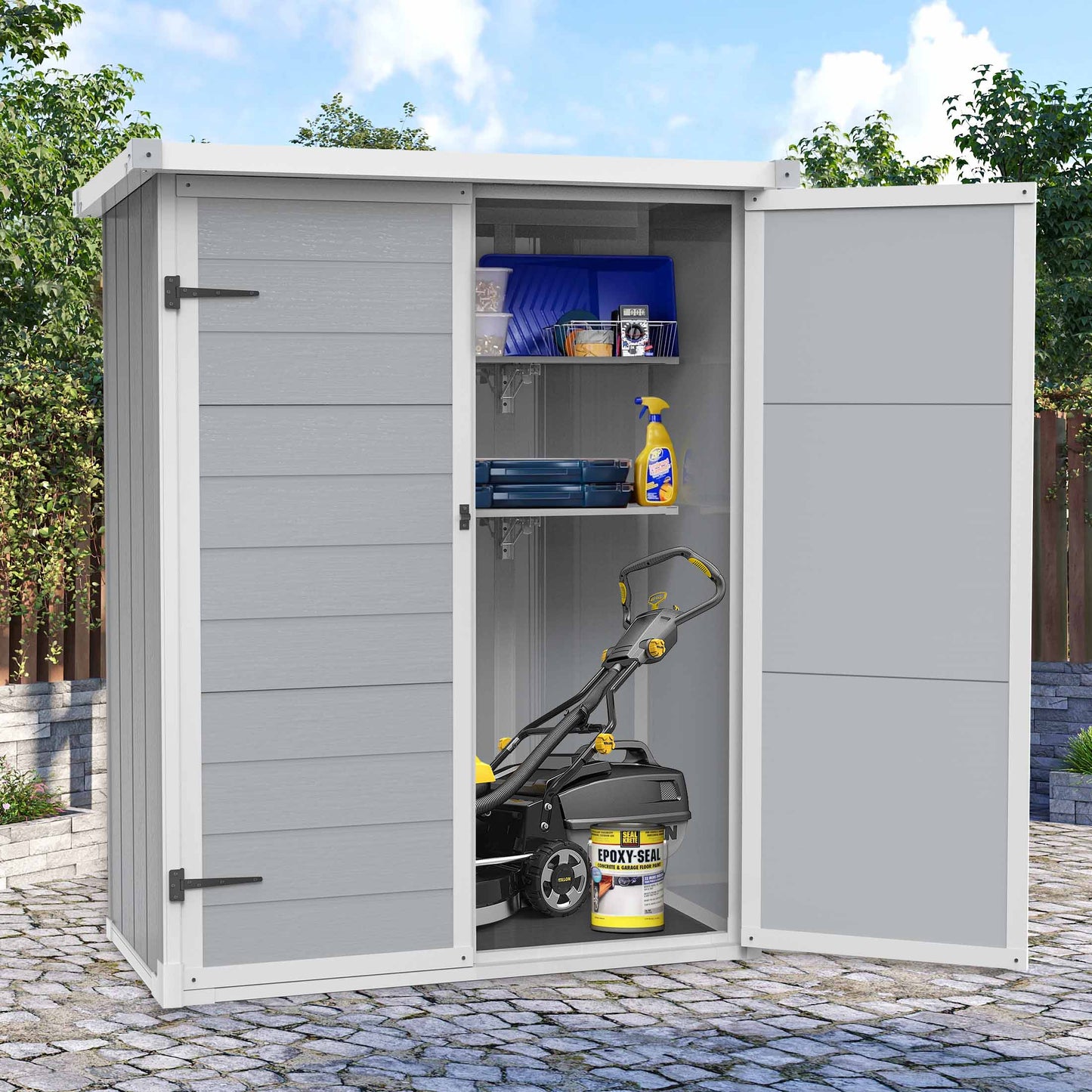 Sesslife 4.4x5.5 ft Outdoor Resin Storage Sheds, Resin Garden Shed with Duty Sloping Roof,Flat Floor, Lockable Door and Adjustable Divider for Backyard Garden Patio Lawn, Grey