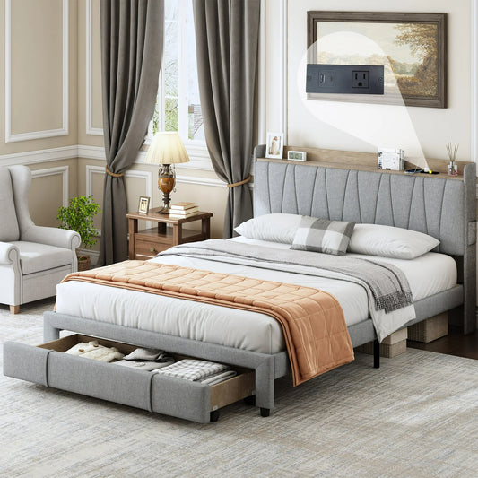 Sesslife Queen Size Bed Frame with Storage Headboard and Charging Station, Upholstered Platform Bed with Drawers and Large Under Bed Space, Strong Wood Slats Support, No Box Spring Needed, Gray