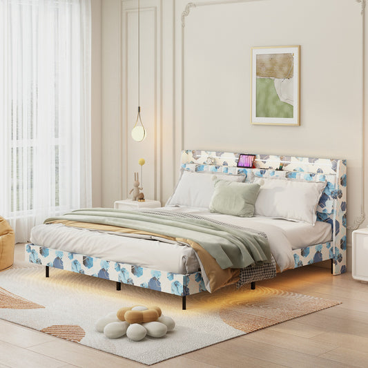 Sesslife Queen LED Bed with 2-Tier Hidden Storage Headboard, Upholstered Platform Bed Frame with Charging Station, Modern Floating Bed, Sturdy Wooden Slats Support, No Spring Box Needed, Blue