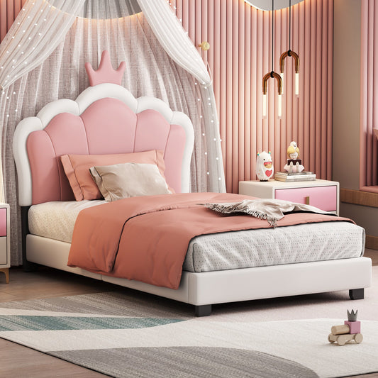 Sesslife Twin Size Bed Frame with PU Leather Crown HeadBoard, Comfy Upholstered Bed with Strong Slats Support, Wood Platform Bed Cute Kids Bed, Easy Assembly, No Box Spring Needed, Pink & White
