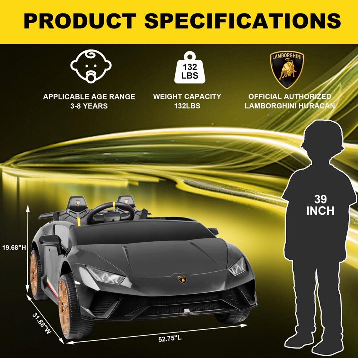 2 Seater Ride on Car for Big Kids, Lamborghini Huracan 24V Powered Ride on Toy with Remote Control, Electric Toy Car for Kids Toddlers 3-8, 4 Wheelers Car With Bluetooth & Light
